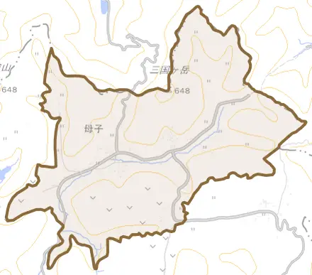 母子とその周辺の地図。町の範囲を重ねている
