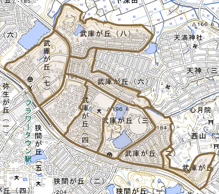 武庫が丘とその周辺の地図。町の範囲を重ねている