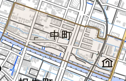 中町とその周辺の地図。町の範囲を重ねている