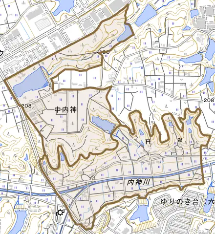 中内神とその周辺の地図。町の範囲を重ねている