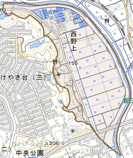 西野上とその周辺の地図。町の範囲を重ねている