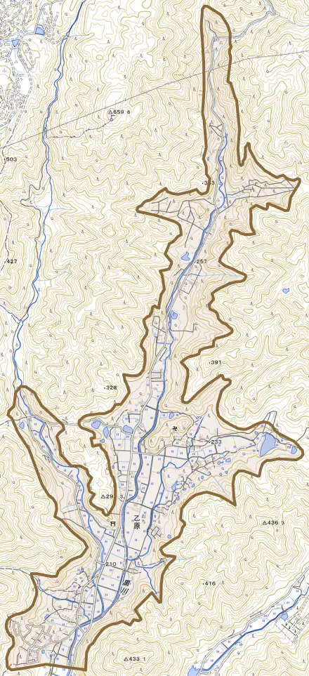 乙原とその周辺の地図。町の範囲を重ねている