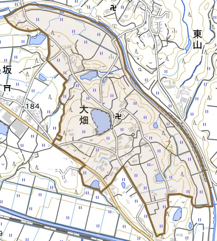 大畑とその周辺の地図。町の範囲を重ねている