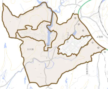 大川瀬とその周辺の地図。町の範囲を重ねている