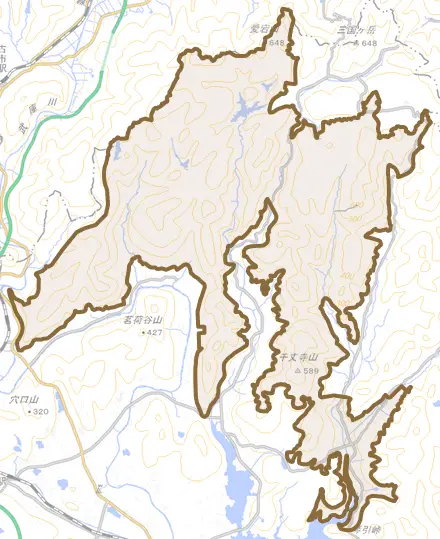 小野とその周辺の地図。町の範囲を重ねている