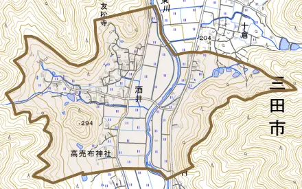 酒井とその周辺の地図。町の範囲を重ねている