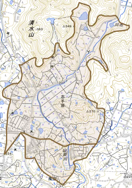 志手原とその周辺の地図。町の範囲を重ねている