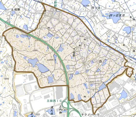 下相野とその周辺の地図。町の範囲を重ねている