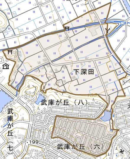 下深田とその周辺の地図。町の範囲を重ねている
