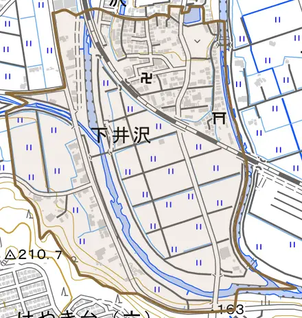 下井沢とその周辺の地図。町の範囲を重ねている