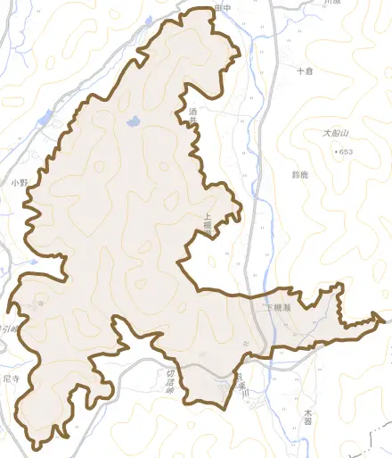下槻瀬とその周辺の地図。町の範囲を重ねている