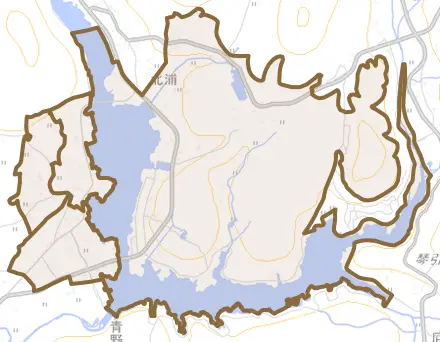 末とその周辺の地図。町の範囲を重ねている