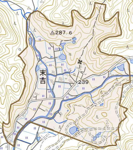 末吉とその周辺の地図。町の範囲を重ねている