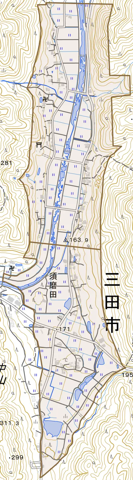 須磨田とその周辺の地図。町の範囲を重ねている