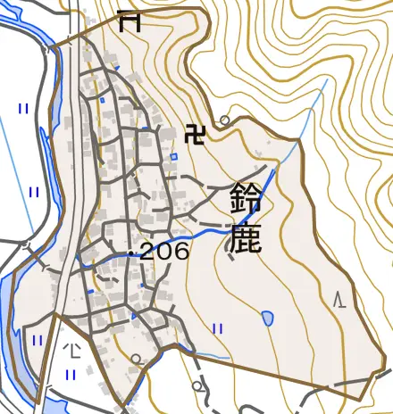 鈴鹿とその周辺の地図。町の範囲を重ねている
