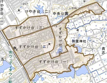 すずかけ台とその周辺の地図。町の範囲を重ねている