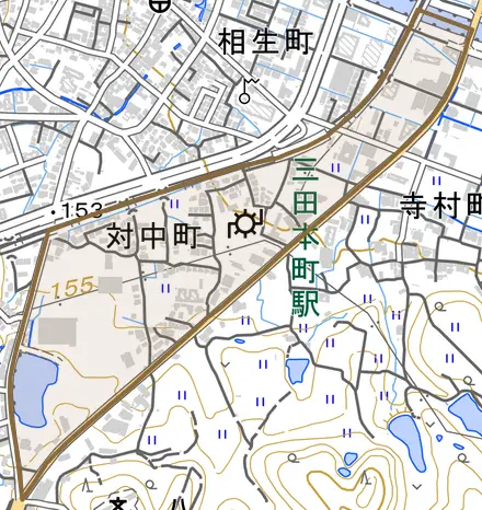 対中町とその周辺の地図。町の範囲を重ねている