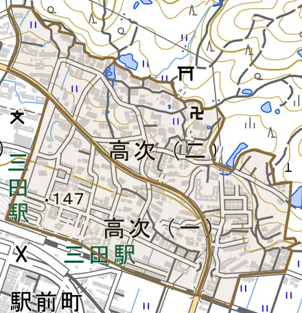 高次とその周辺の地図。町の範囲を重ねている