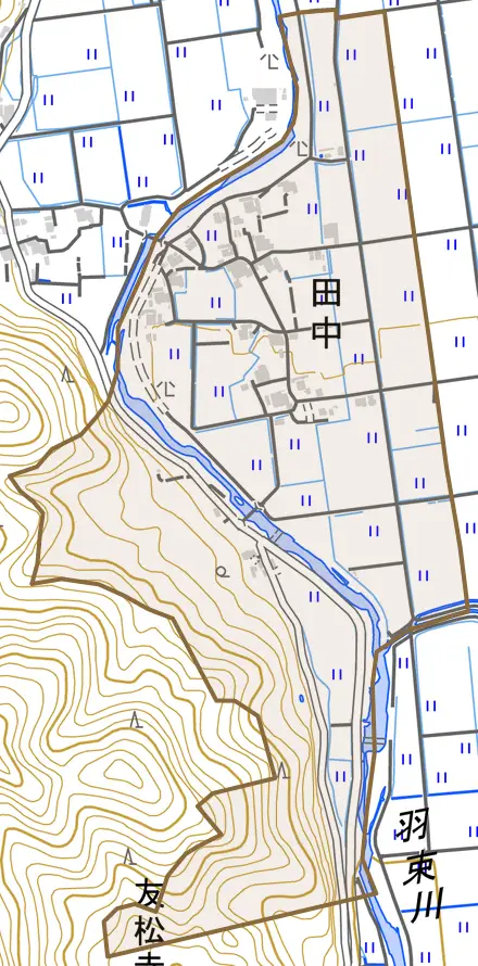 田中とその周辺の地図。町の範囲を重ねている