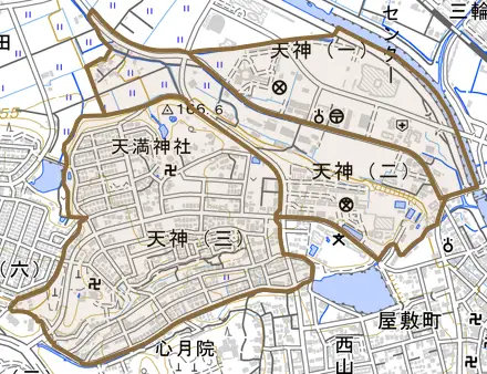 天神とその周辺の地図。町の範囲を重ねている
