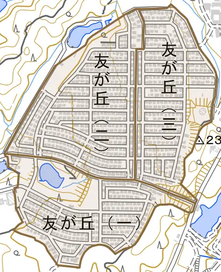 友が丘とその周辺の地図。町の範囲を重ねている