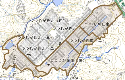 つつじが丘南とその周辺の地図。町の範囲を重ねている