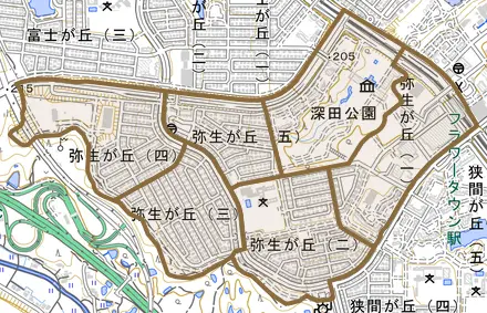 弥生が丘とその周辺の地図。町の範囲を重ねている
