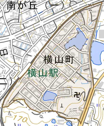 横山町とその周辺の地図。町の範囲を重ねている