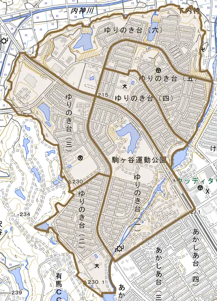 ゆりのき台とその周辺の地図。町の範囲を重ねている