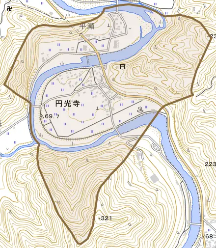 円光寺とその周辺の地図。町の範囲を重ねている