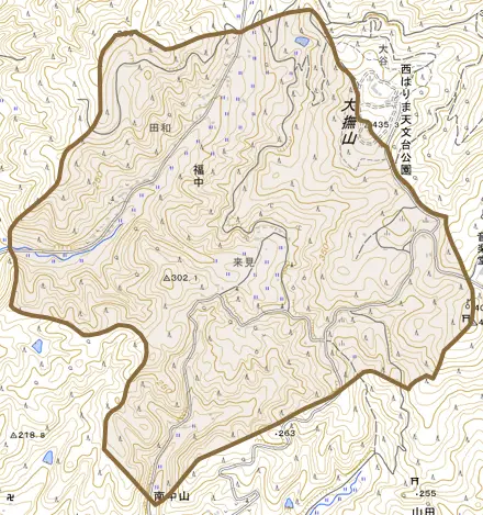 福中とその周辺の地図。町の範囲を重ねている