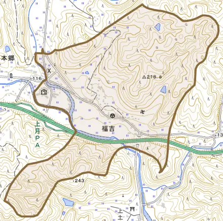 福吉とその周辺の地図。町の範囲を重ねている