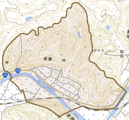 早瀬とその周辺の地図。町の範囲を重ねている