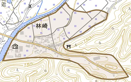 林崎とその周辺の地図。町の範囲を重ねている