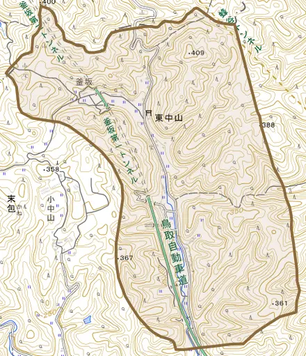 東中山とその周辺の地図。町の範囲を重ねている