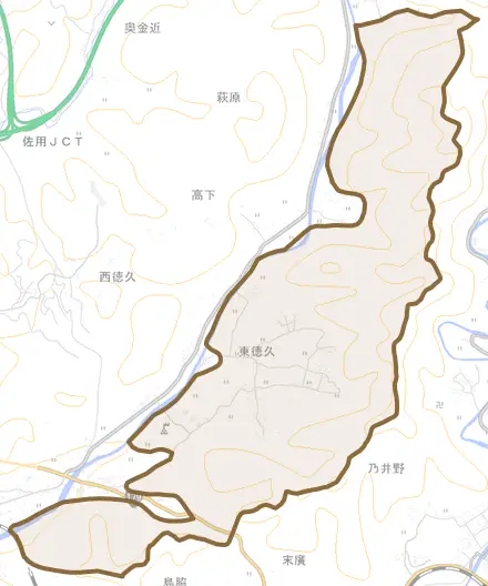 東徳久とその周辺の地図。町の範囲を重ねている