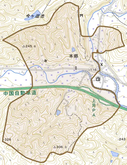 本郷とその周辺の地図。町の範囲を重ねている