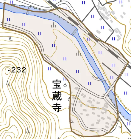 宝蔵寺とその周辺の地図。町の範囲を重ねている