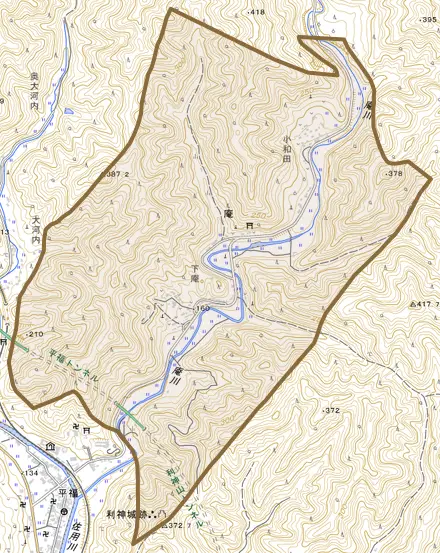 庵とその周辺の地図。町の範囲を重ねている