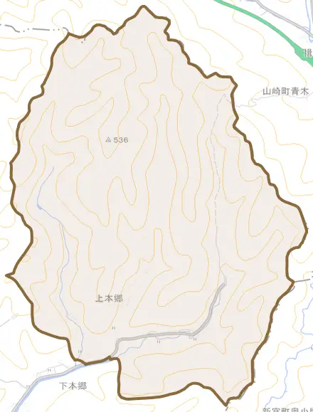 上本郷とその周辺の地図。町の範囲を重ねている