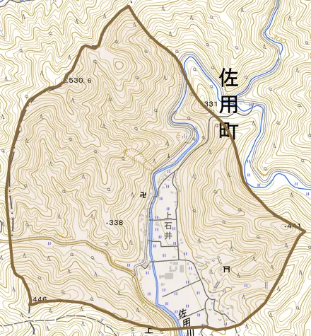 上石井とその周辺の地図。町の範囲を重ねている