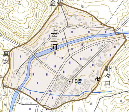上三河とその周辺の地図。町の範囲を重ねている
