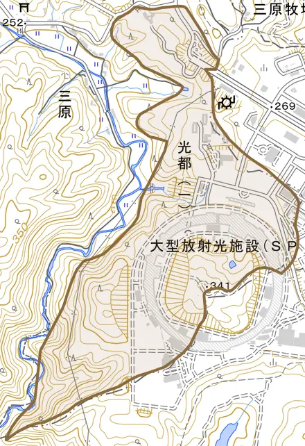 光都とその周辺の地図。町の範囲を重ねている