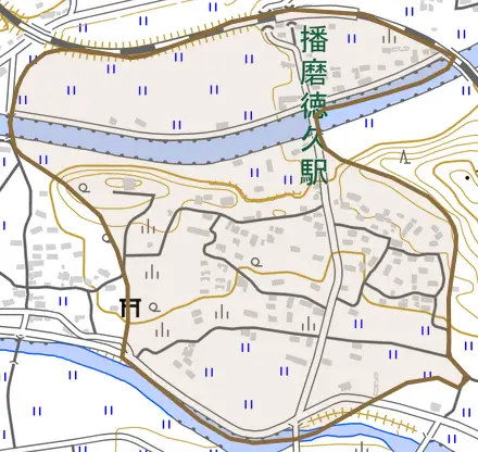 小山とその周辺の地図。町の範囲を重ねている