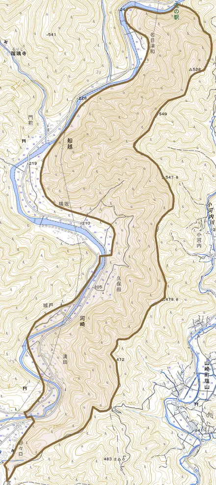 河崎とその周辺の地図。町の範囲を重ねている