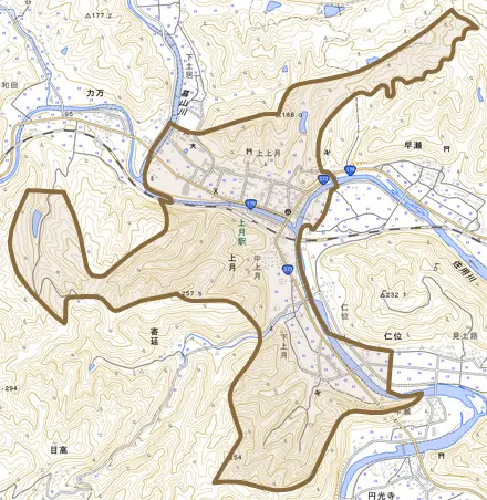 上月とその周辺の地図。町の範囲を重ねている