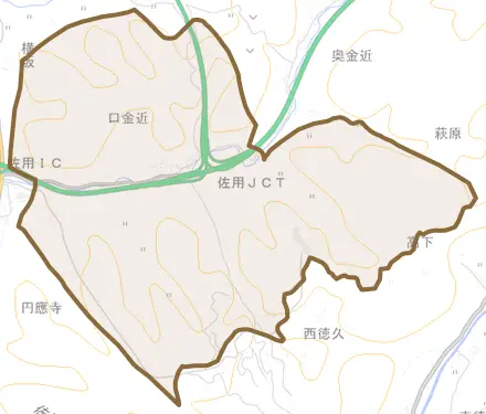 口金近とその周辺の地図。町の範囲を重ねている