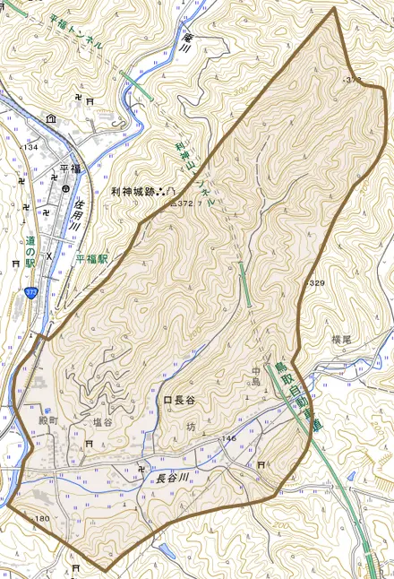 口長谷とその周辺の地図。町の範囲を重ねている