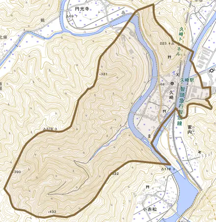 久崎とその周辺の地図。町の範囲を重ねている