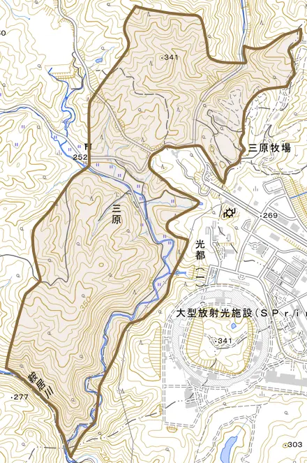 三原とその周辺の地図。町の範囲を重ねている